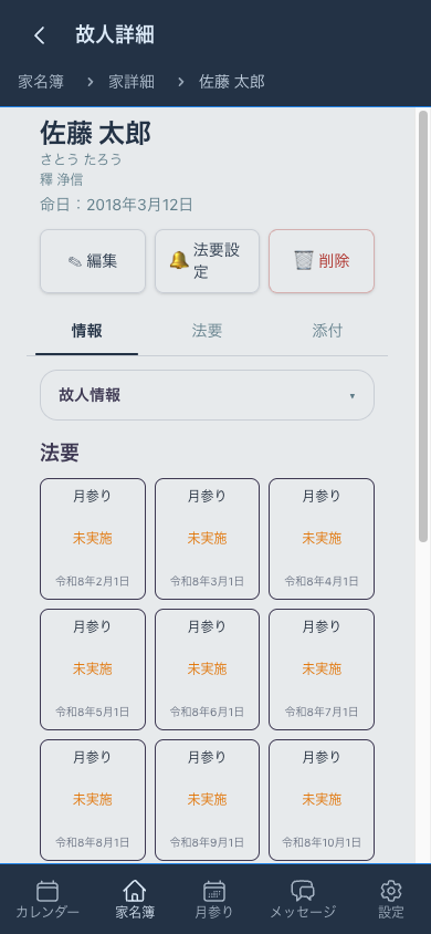 故人の俗名・戒名・命日や法要予定を確認できる過去帳の詳細画面。